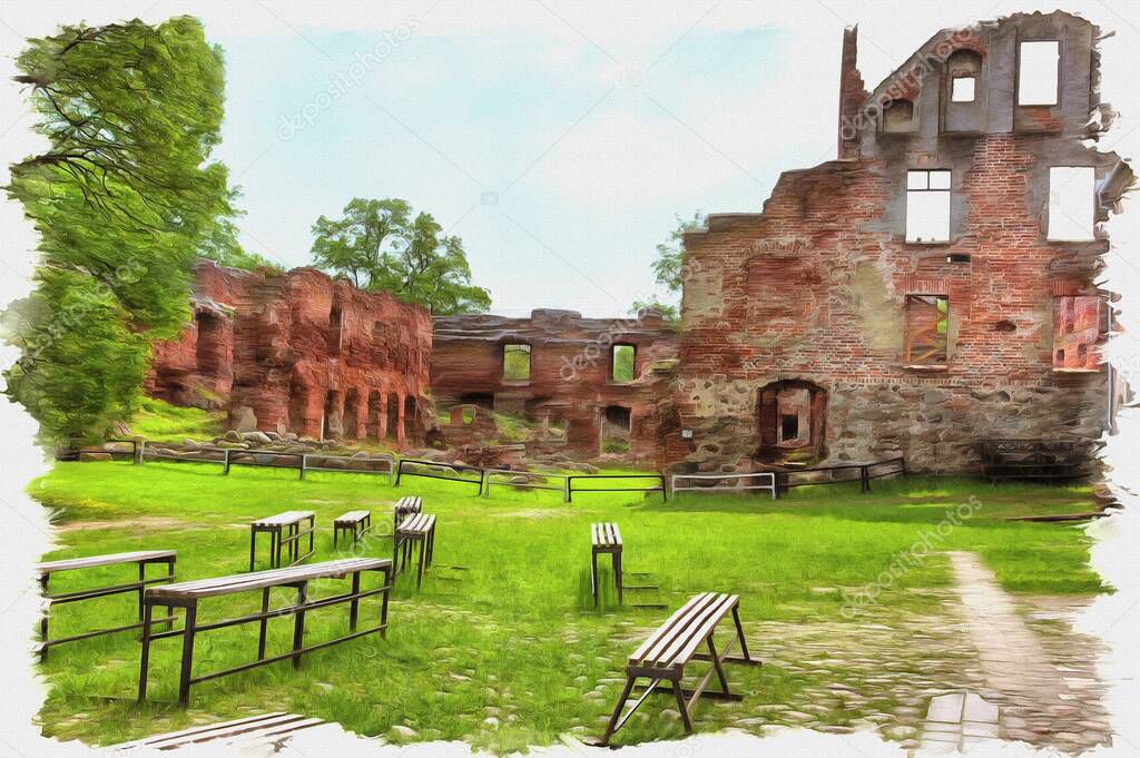 Picture from a photo. Oil paint. Imitation. Illustration. The ruins of the castle of Insterburg, the East Prussian medieval defensive structure.  Chernyakhovsk sity
