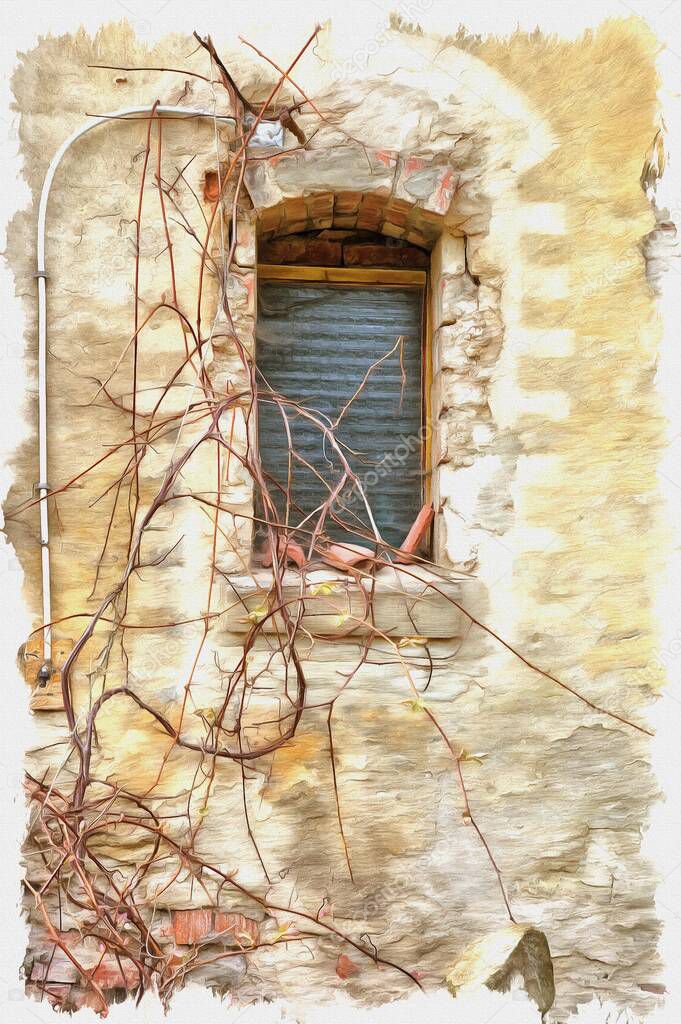 Picture from a photo. Oil paint. Imitation. Illustration. Restored farm buildings Castle Insterburg. The city of Chernyakhovsk. Window on the wall