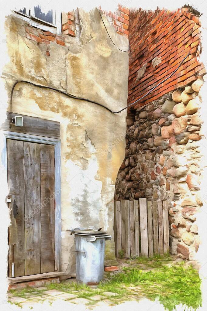 Picture from a photo. Oil paint. Imitation. Illustration. Restored farm buildings Castle Insterburg. Chernyakhovsk sity 