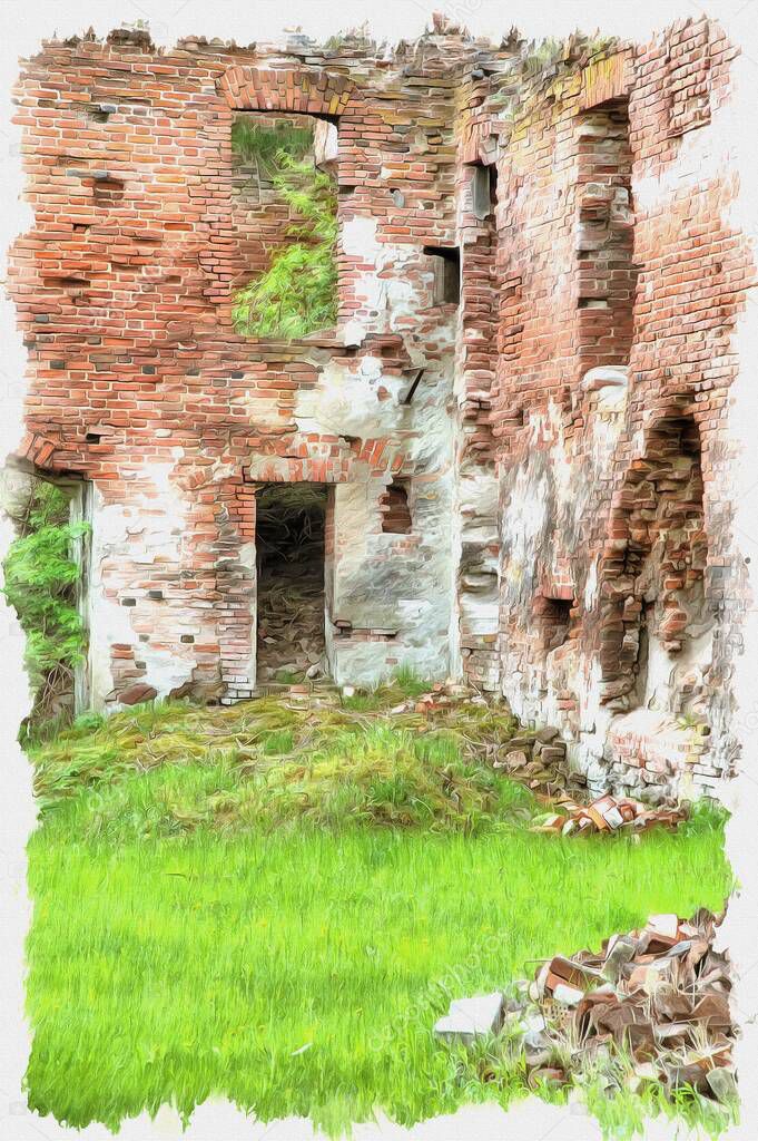 Picture from a photo. Oil paint. Imitation. Illustration. The ruins of the castle of Insterburg, the East Prussian medieval defensive structure.  Chernyakhovsk sity