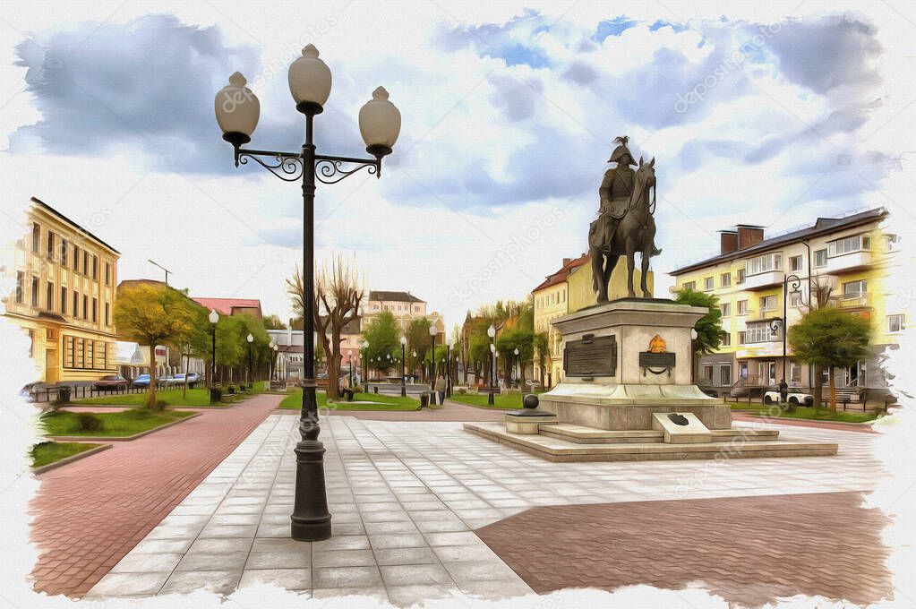 Picture from a photo. Oil paint. Imitation. Illustration. Monument to the outstanding Russian commander, General-Field Marshal Barclay de Tolly in the center of the city on Lenin Square