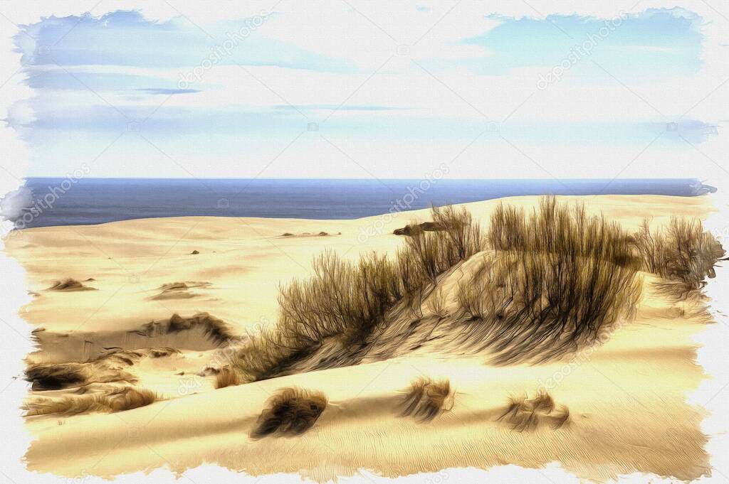 Picture from a photo. Oil paint. Imitation. Illustration. Kaliningrad region. View of the Curonian Spit, from the height of the dune Efa. Monument of nature