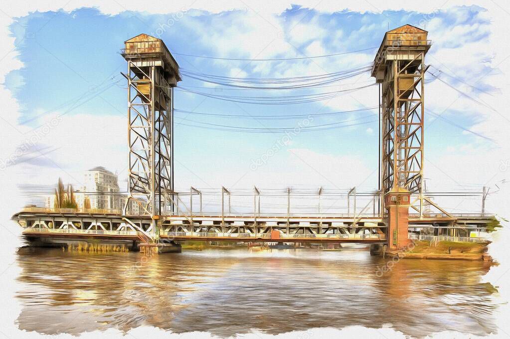 Picture from a photo. Oil paint. Imitation. Illustration. Unique automobile and railway double-deck drawbridge across the Pregolya River in the city of Kaliningrad