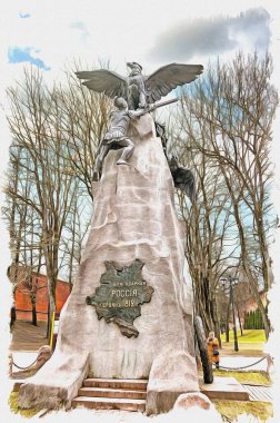 Fotoğraftan bir resim. Yağlı boya. Taklit. İllüzyon. Minnettar Rusya Anıtı - 1812 Smolensk Kahramanları 1812 Vatanseverlik Savaşı 'nın 100. yıldönümü anısına dikildi.