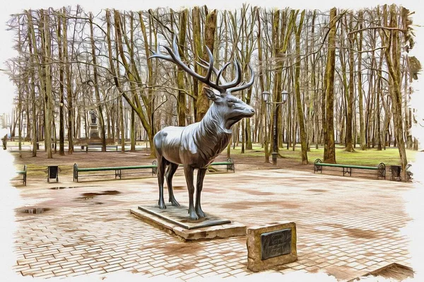 Picture Photo Oil Paint Imitation Illustration Sculpture Deer City Garden — Stock Photo, Image