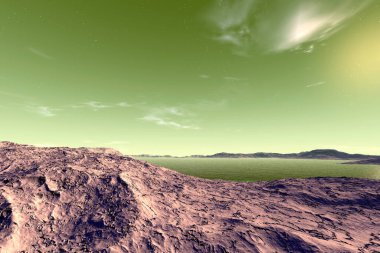 Fantezi uzaylı gezegeni. Dağ ve göl. 3B illüstrasyon