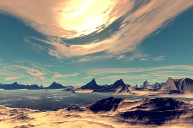 Fantezi uzaylı gezegeni. Dağ ve göl. 3B illüstrasyon