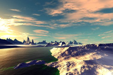 Fantezi uzaylı gezegeni. Dağ ve göl. 3B illüstrasyon