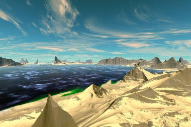 Fantezi uzaylı gezegeni. Dağ ve göl. 3B illüstrasyon