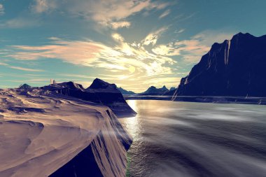 Fantezi uzaylı gezegeni. Dağ ve göl. 3B illüstrasyon