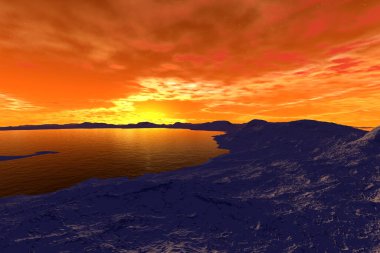 Fantezi uzaylı gezegeni. Dağ ve göl. 3B illüstrasyon