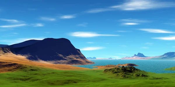 Fantasy Buitenaardse Planeet Berg Meer Illustratie — Stockfoto