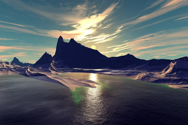 Planète Extraterrestre Fantastique Montagne Lac Illustration — Photo