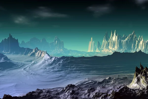Fantastisk Utenomjordisk Planet Fjell Illustrasjon – stockfoto