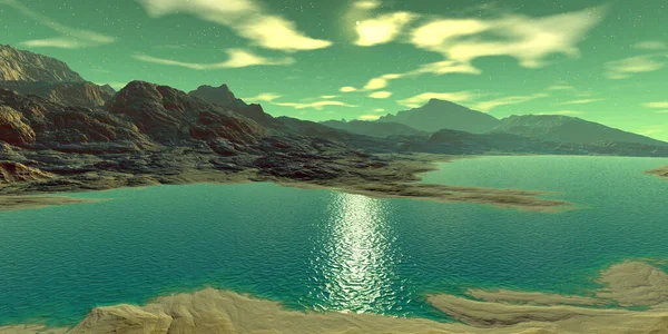 ファンタジーエイリアン惑星 山と湖 3Dイラスト ロイヤリティフリーのストック画像