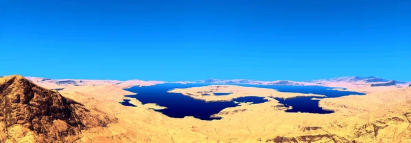 Fantezi Uzaylı Gezegeni Dağ Göl Panorama Illüstrasyon — Stok fotoğraf