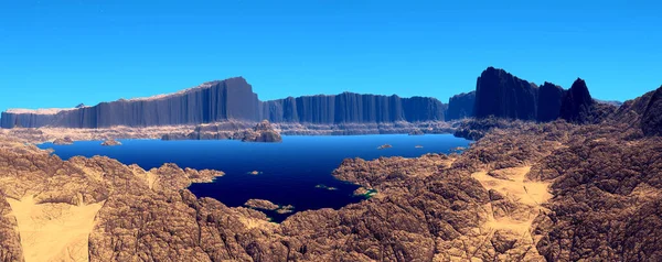 Obca Planeta Fantazji Góra Jezioro Panoramę Ilustracja — Zdjęcie stockowe