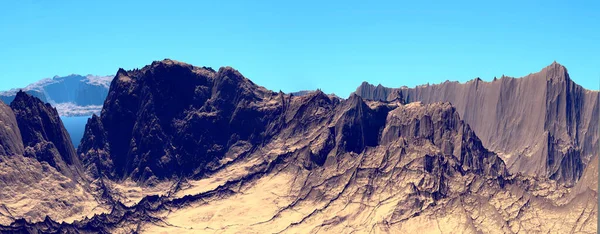 Fantasy Buitenaardse Planeet Berg Een Panorama Illustratie — Stockfoto