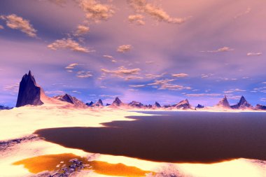 Fantezi uzaylı gezegeni. Dağ ve göl. 3B illüstrasyon