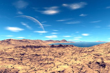 Fantezi uzaylı gezegeni. Dağ ve göl. 3B illüstrasyon