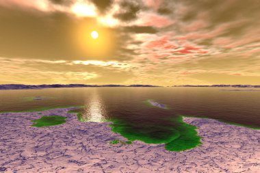 Fantezi uzaylı gezegeni. Dağ ve göl. 3B illüstrasyon