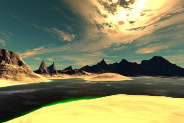 Fantezi uzaylı gezegeni. Dağ ve göl. 3B illüstrasyon