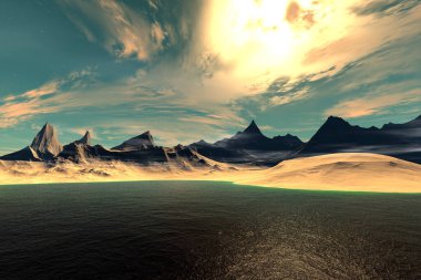 Fantezi uzaylı gezegeni. Dağ ve göl. 3B illüstrasyon