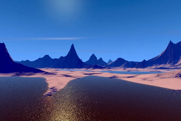 Fantazie Mimozemské Planety Hora Jezero Ilustrace — Stock fotografie