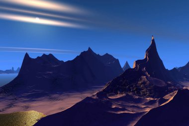 Fantezi uzaylı gezegeni. Dağ ve göl. 3B illüstrasyon