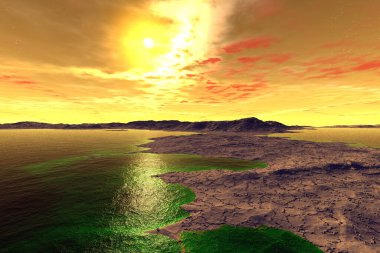 Fantezi uzaylı gezegeni. Dağ ve göl. 3B illüstrasyon