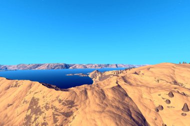 Fantezi uzaylı gezegeni. Dağ ve göl. 3B illüstrasyon