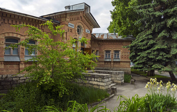 PYATIGORSK, RUSSIA - MAY 21,2018:Entrance with stairs in the Ermolov baths in resort Pyatigorsk,Northern Caucasus, Russia.Architect Grozmani,1880.