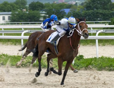Pyatigorsk,Caucasus,Russia.Ahead - ana jokey Tarasov kahverengi aygır üzerinde elit Ödülü için yarış Pyatigorsk, Rusya Federasyonu - 27 Mayıs 2018:Horse.