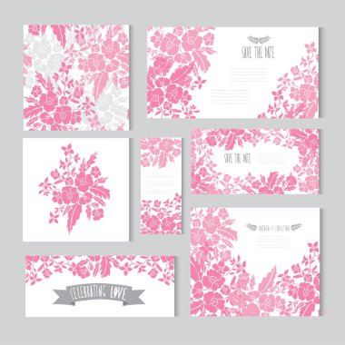 Dekoratif pembe çiçekler, tasarım öğeleri ile zarif kartları. Kullanılabilir düğün, bebek duş, anneler günü, Sevgililer günü, doğum günü kartları, Davetiyeler, selamlar. Vintage dekoratif çiçek.