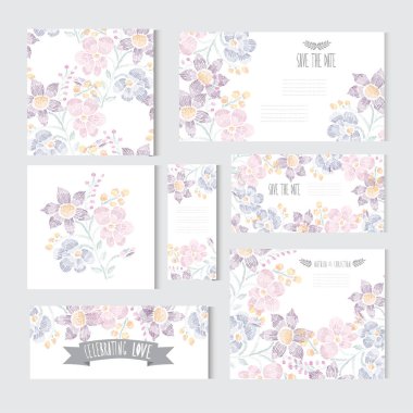 Dekoratif çiçek, tasarım öğeleri ile zarif kartları. Kullanılabilir düğün, bebek duş, anneler günü, Sevgililer günü, doğum günü kartları, Davetiyeler, selamlar. Vintage dekoratif çiçek.