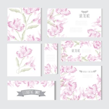 Dekoratif lily çiçekler, tasarım öğeleri ile zarif kartları. Kullanılabilir düğün, bebek duş, anneler günü, Sevgililer günü, doğum günü kartları, Davetiyeler, selamlar. Vintage dekoratif çiçek.