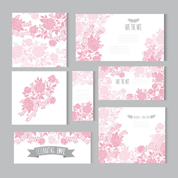 Elegante Karten Mit Dekorativen Rosa Rosenblüten Designelemente Kann Für Hochzeit — Stockvektor