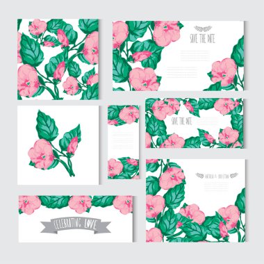 Dekoratif hibiscus çiçek, tasarım öğeleri ile zarif kartları. Kullanılabilir düğün, bebek duş, anneler günü, Sevgililer günü, doğum günü kartları, Davetiyeler, selamlar. Vintage dekoratif çiçek.