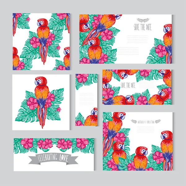 Elegantní Karty Dekorativní Papoušků Květy Ibišku Designovými Prvky Lze Použít — Stockový vektor