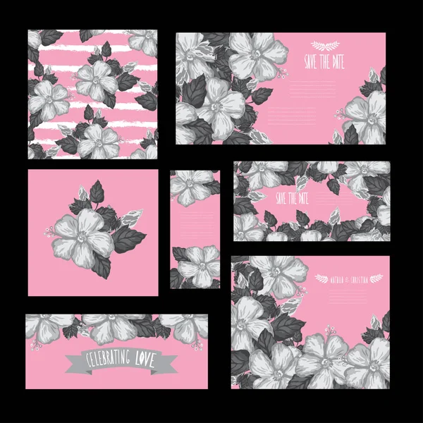 Elegante Karten Mit Dekorativen Hibiskusblüten Designelemente Kann Für Hochzeit Babydusche — Stockvektor