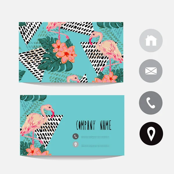 Sjabloon Voor Visitekaartjes Met Flamingo Hibiscus Bloemen Ontwerpelement Kan Ook — Stockvector