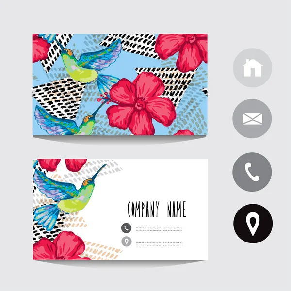 Plantilla Tarjeta Visita Con Flores Colibrí Hibisco Elemento Diseño Puede — Vector de stock