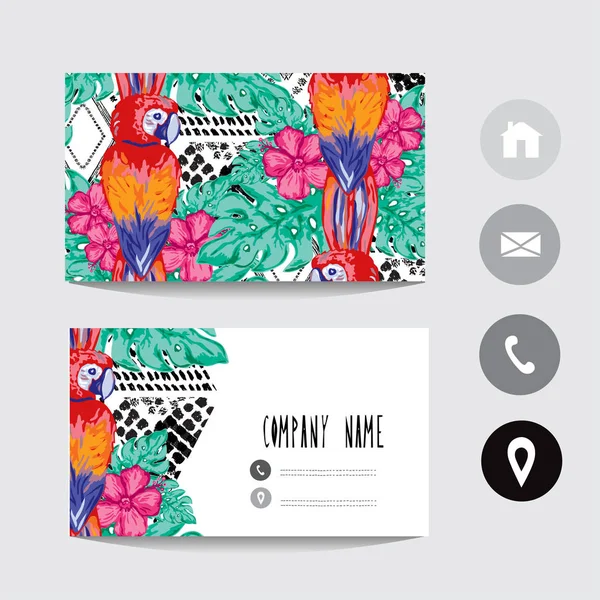 Business Card Template Parrots Hibiscus Flowers Design Element Can Used — Stock Vector