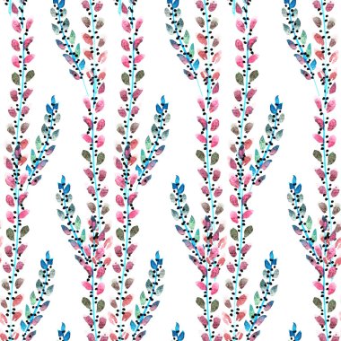 Sulu boya pembe mavi yaprakları, tasarım öğeleri ile zarif seamless modeli. Çiçek desenli davetiye, tebrik kartları, scrapbooking, baskı, hediye paketi, imalat, tekstil. 