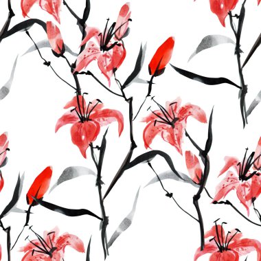 Suluboya kırmızı lily çiçekler, tasarım öğeleri ile zarif seamless modeli. Çiçek desenli davetiye, tebrik kartları, scrapbooking, baskı, hediye paketi, imalat, tekstil. 