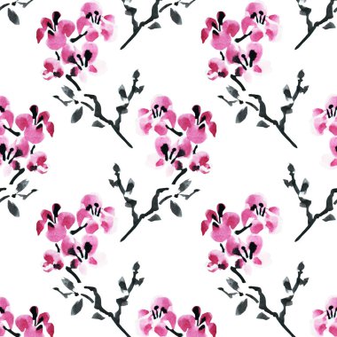 Suluboya çiçek açan sakura çiçekler, tasarım öğeleri ile zarif seamless modeli. Çiçek desenli davetiye, tebrik kartları, scrapbooking, baskı, hediye paketi, imalat, tekstil. 