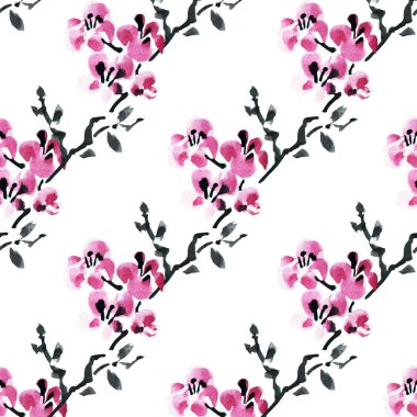 Suluboya çiçek açan sakura çiçekler, tasarım öğeleri ile zarif seamless modeli. Çiçek desenli davetiye, tebrik kartları, scrapbooking, baskı, hediye paketi, imalat, tekstil. 