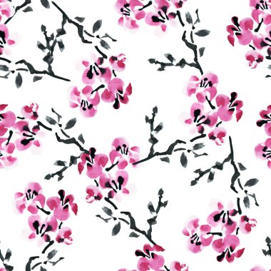 Suluboya çiçek açan sakura çiçekler, tasarım öğeleri ile zarif seamless modeli. Çiçek desenli davetiye, tebrik kartları, scrapbooking, baskı, hediye paketi, imalat, tekstil. 