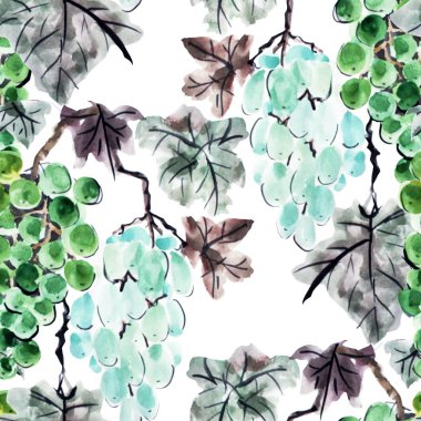 Sulu boya yeşil üzüm, tasarım öğeleri ile zarif seamless modeli. Meyve desen davetiye, tebrik kartları, scrapbooking, baskı, hediye paketi, imalat, Tekstil için. Yemek, şarap Tema