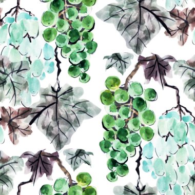 Sulu boya yeşil üzüm, tasarım öğeleri ile zarif seamless modeli. Meyve desen davetiye, tebrik kartları, scrapbooking, baskı, hediye paketi, imalat, Tekstil için. Yemek, şarap Tema